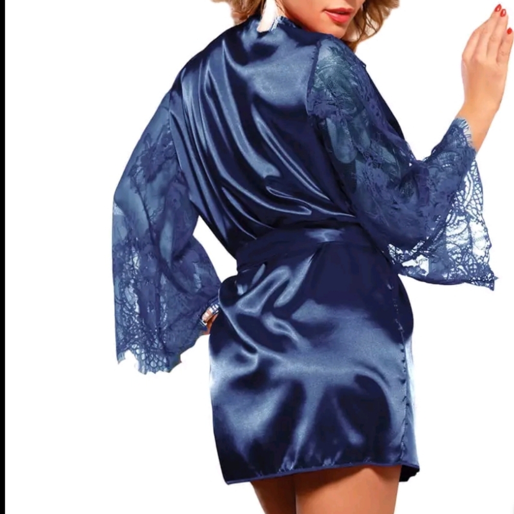 Sexy Blue Satin w/ Lace Sleeve Robe/Kimono- Size 8-10 - Picture 2 of 5